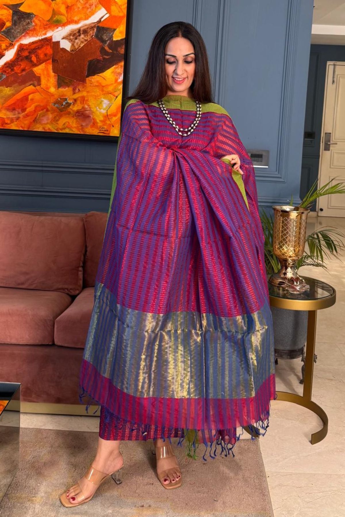 Handwoven Maheshwari silk kurta dupatta set